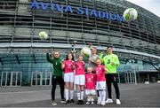 29 May 2019; Republic of Ireland Internationals Izzy Atkinson, James McClean and Josh Cullen along with, from left, Anna Dowling-Gavigan, age 12, from Clonee, Alannah Ferrari, age 11, from Ringsend and sisters Quinn, age 6, and Eden Murphy, age 9, from Ringsend, Co Dublin at the Aviva Soccer Sisters Dream Camp in Aviva Stadium. Over 100 girls were given the opportunity to play on the same pitch as their international heroes. This year’s Aviva Soccer Sisters saw a 107% increase on last year’s figures, with 7,322 girls participating in this year’s Easter festival throughout the country. See aviva.ie/soccersisters or check out #SafeToDream on social media for further details. Photo by David Fitzgerald/Sportsfile