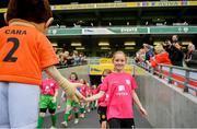 29 May 2019; Players from Clonmel Town, Co Tipperary, walk out the tunnel prior to the Aviva Soccer Sisters Dream Camp in Aviva Stadium. Over 100 girls were given the opportunity to play on the same pitch as their international heroes. This year’s Aviva Soccer Sisters saw a 107% increase on last year’s figures, with 7,322 girls participating in this year’s Easter festival throughout the country. See aviva.ie/soccersisters or check out #SafeToDream on social media for further details. Photo by David Fitzgerald/Sportsfile