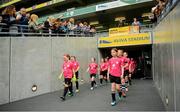 29 May 2019; Players from Mulroy Academy, Co Donegal, left, and Midleton FC, Co Cork, walk out the tunnel prior to the Aviva Soccer Sisters Dream Camp in Aviva Stadium. Over 100 girls were given the opportunity to play on the same pitch as their international heroes. This year’s Aviva Soccer Sisters saw a 107% increase on last year’s figures, with 7,322 girls participating in this year’s Easter festival throughout the country. See aviva.ie/soccersisters or check out #SafeToDream on social media for further details. Photo by David Fitzgerald/Sportsfile