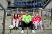 29 May 2019; Republic of Ireland International Josh Cullen in attendance alongside, from left, Anna Dowling-Gavigan, age 12, from Clonee, Alannah Ferrari, age 11, from Ringsend, Quinn Murphy, age 6 and her sister Eden, age 9, both from Ringsend at the Aviva Soccer Sisters Dream Camp in Aviva Stadium. Over 100 girls were given the opportunity to play on the same pitch as their international heroes. This year’s Aviva Soccer Sisters saw a 107% increase on last year’s figures, with 7,322 girls participating in this year’s Easter festival throughout the country. See aviva.ie/soccersisters or check out #SafeToDream on social media for further details. Photo by David Fitzgerald/Sportsfile