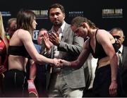 31 May 2019; Katie Taylor, left, and Delfine Persoon after weighing in at Madison Square Garden prior to their Undisputed Female World Lightweight Championship fight in New York, USA. Photo by Stephen McCarthy/Sportsfile