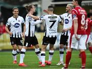 31 May 2019; John Mountney of Dundalk, left, celebrates with team-mates Michael Duffy and Dean Jarvis after scoring his third goal and his side's fourth during the SSE Airtricity League Premier Division match between Dundalk and Sligo Rovers at Oriel Park in Dundalk, Louth. Photo by Oliver McVeigh/Sportsfile