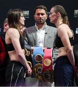 31 May 2019; Katie Taylor and Delfine Persoon after weighing in at Madison Square Garden prior to their Undisputed Female World Lightweight Championship fight in New York, USA. Photo by Stephen McCarthy/Sportsfile