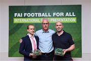 31 May 2019; Republic of Ireland manager Mick McCarthy with cap winners from The Irish Blind Team - 2017 Donnacha McCarthy and Sean O'Connell during Football for All International Awards at Castleknock Hotel in Dublin. Photo by Piaras Ó Mídheach/Sportsfile