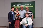 31 May 2019; Thomas Winters, The Irish Powerchair Team – 2014 & 2017 cap winner, with, back from left, Mark Scanlon, FAI, his mother Ann Winters, Republic of Ireland manager Mick McCarthy, and his father Thomas Winters during Football for All International Awards at Castleknock Hotel in Dublin. Photo by Piaras Ó Mídheach/Sportsfile