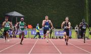 1 June 2019; Aaron Sexton of Bangor Grammar School, Co. Down, centre, on his way to winning the Senior Boys 100m event during the Irish Life Health All-Ireland Schools Track and Field Championships in Tullamore, Co Offaly. Photo by Sam Barnes/Sportsfile