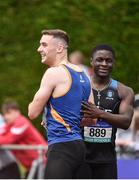 1 June 2019; Aaron Sexton of Bangor Grammar School, Co. Down, left, is congratulated by Israel Olatunde of St Mary's Dundalk, Co. Louth, after winning the Senior Boys 100m event during the Irish Life Health All-Ireland Schools Track and Field Championships in Tullamore, Co Offaly. Photo by Sam Barnes/Sportsfile
