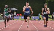 1 June 2019; Aaron Sexton of Bangor Grammar School, Co. Down, centre, on his way to winning the Senior Boys 100m event, ahead of Nelvin Appiah of Moate Community School, Co Westmeath, left, and Conor Morey of Presentation Brothers College, Co. Cork  during the Irish Life Health All-Ireland Schools Track and Field Championships in Tullamore, Co Offaly. Photo by Sam Barnes/Sportsfile
