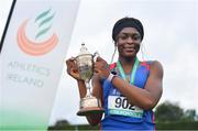 1 June 2019; Patience Jumbo-Gula of St Vincent’s Dundalk, Co. Louth, with the Mary Doyle Perpetual Cup after winning the Senior Girls 100m event during the Irish Life Health All-Ireland Schools Track and Field Championships in Tullamore, Co Offaly. Photo by Sam Barnes/Sportsfile