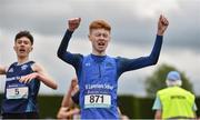 1 June 2019; Aaron Shorten of St Laserian's Carlow, Co. Carlow, celebrates winning the Inter Boys 800m event during the Irish Life Health All-Ireland Schools Track and Field Championships in Tullamore, Co Offaly. Photo by Sam Barnes/Sportsfile