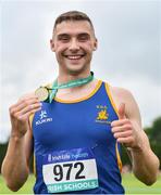 1 June 2019; Aaron Sexton of Bangor Grammar School, Co. Down, with his gold medal after winning the Senior Boys 100m event during the Irish Life Health All-Ireland Schools Track and Field Championships in Tullamore, Co Offaly. Photo by Sam Barnes/Sportsfile