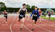 1 June 2019; Finn O'Neill of Limavady Grammar School, Co. Derry, celebrates winning the Minor Boys 75m Hurdles event during the Irish Life Health All-Ireland Schools Track and Field Championships in Tullamore, Co Offaly. Photo by Sam Barnes/Sportsfile