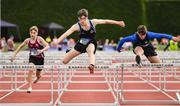 1 June 2019; Finn O'Neill of Limavady Grammar School, Co. Derry, centre, on his way to winning the Minor Boys 75m Hurdles event during the Irish Life Health All-Ireland Schools Track and Field Championships in Tullamore, Co Offaly. Photo by Sam Barnes/Sportsfile