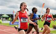 1 June 2019; Niamh Moohan of Abbey Vocational School, Co. Donegal, celebrates winning the Inter Girls 80m Hurdles event during the Irish Life Health All-Ireland Schools Track and Field Championships in Tullamore, Co Offaly. Photo by Sam Barnes/Sportsfile