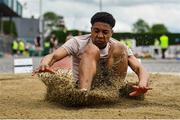 1 June 2019; Sam Ukaga of St Brigids College Loughrea, Co. Galway, competing in the Senior Boys Long Jump event during the Irish Life Health All-Ireland Schools Track and Field Championships in Tullamore, Co Offaly. Photo by Sam Barnes/Sportsfile