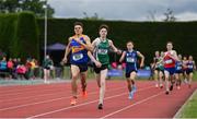 1 June 2019; Louis O'Loughlin of Moyle Park, Co. Dublin, left, and Cian McPhillips of Moate Community School, Co. Westmeath, competing in the Senior Boys 800m event during the Irish Life Health All-Ireland Schools Track and Field Championships in Tullamore, Co Offaly. Photo by Sam Barnes/Sportsfile