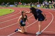 1 June 2019; Jenna Breen of Grosvenor Grammar School, Co. Antrim, is congratulated after winning the Inter Girls 300m event during the Irish Life Health All-Ireland Schools Track and Field Championships in Tullamore, Co Offaly. Photo by Sam Barnes/Sportsfile