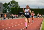 1 June 2019; Aimee Hayde of St Mary's S S Newport, Co. Tipperary, celebrates on her way to winning the Inter Girls 1500m event during the Irish Life Health All-Ireland Schools Track and Field Championships in Tullamore, Co Offaly. Photo by Sam Barnes/Sportsfile