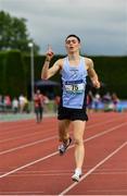 1 June 2019; Darragh McElhinney of Col Pobail Bantry, Co. Cork, celebrates on his way to winning the Senior Boys 1500m event during the Irish Life Health All-Ireland Schools Track and Field Championships in Tullamore, Co Offaly. Photo by Sam Barnes/Sportsfile