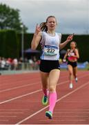 1 June 2019; Aimee Hayde of St Mary's S S Newport, Co. Tipperary, celebrates on her way to winning the Inter Girls 1500m event during the Irish Life Health All-Ireland Schools Track and Field Championships in Tullamore, Co Offaly. Photo by Sam Barnes/Sportsfile