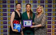 31 May 2019; The 2019 Teams of the Lidl Ladies National Football League awards were presented at Croke Park on Friday, May 31. The best players from the four divisions in the Lidl National Football Leagues were selected by the LGFA’s All Star committee. Eimear Byrne of Louth is pictured receiving her Division 4 award from Marie Hickey, Ladies Gaelic Football Association President, and Sian Gray, Head of Marketing, Lidl Ireland. Photo by David Fitzgerald/Sportsfile
