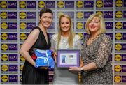 31 May 2019; The 2019 Teams of the Lidl Ladies National Football League awards were presented at Croke Park on Friday, May 31. The best players from the four divisions in the Lidl National Football Leagues were selected by the LGFA’s All Star committee. Donna English of Cavan is pictured receiving her Division 2 award from Marie Hickey, Ladies Gaelic Football Association President, and Sian Gray, Head of Marketing, Lidl Ireland. Photo by David Fitzgerald/Sportsfile