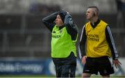 1 June 2019; Clare manager Colm Collins, left, and selector Enda Coughlan react to a decision by referee James Molloy during the Munster GAA Football Senior Championship semi-final match between Clare and Kerry at Cusack Park in Ennis, Co Clare. Photo by Diarmuid Greene/Sportsfile