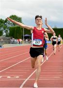 1 June 2019; Matteo Mary of St. Declans, Co. Waterford, celebrates on his way to winning the Inter Boys 1500m event during the Irish Life Health All-Ireland Schools Track and Field Championships in Tullamore, Co Offaly. Photo by Sam Barnes/Sportsfile