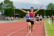 1 June 2019; Matteo Mary of St. Declans, Co. Waterford, celebrates on his way to winning the Inter Boys 1500m event during the Irish Life Health All-Ireland Schools Track and Field Championships in Tullamore, Co Offaly. Photo by Sam Barnes/Sportsfile