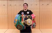 1 June 2019; Katie Taylor celebrates with her belts after her Undisputed Female World Lightweight Championship fight with Delfine Persoon at Madison Square Garden in New York, USA. Photo by Stephen McCarthy/Sportsfile