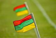 2 June 2019; The Carlow County colours, on sideline flags, as they flutter in the wind before the Leinster GAA Hurling Senior Championship Round 3B match between Carlow and Dublin at Netwatch Cullen Park in Carlow. Photo by Ray McManus/Sportsfile