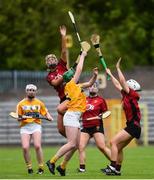 2 June 2019; Aimee McAleenan of Down in action against Roisin McCormick of Antrim during the Ulster Camogie Final match between Antrim and Down at St Tiernach's Park in Clones, Monaghan Photo by Oliver McVeigh/Sportsfile