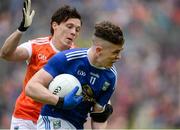 2 June 2019; Dara McVeety of Cavan in action against James Morgan of Armagh during the Ulster GAA Football Senior Championship Semi-Final match between Cavan and Armagh at St Tiernach's Park in Clones, Monaghan. Photo by Oliver McVeigh/Sportsfile