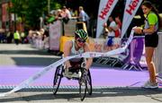 2 June 2019;  Shauna Bocquet from Galway, crosses the finish line to win the Wheelchair Category during 2019 Vhi Women’s Mini Marathon. 30,000 women from all over the country took to the streets of Dublin to run, walk and jog the 10km route, raising much needed funds for hundreds of charities around the country. www.vhiwomensminimarathon.ie.  Photo by Sam Barnes/Sportsfile