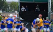 2 June 2019; RTÉ Sunday Game analysts Jackie Tyrell, left, and Ken McGrath and and presenter Joanne Cantwell look on during the Munster GAA Hurling Senior Championship Round 3 match between Clare and Tipperary at Cusack Park in Ennis, Co Clare. Photo by Piaras Ó Mídheach/Sportsfile