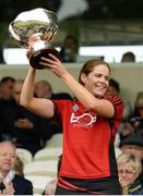 2 June 2019; Fionnuala Carr of Down lifts the cup after the Ulster Camogie Final match between Antrim and Down at St Tiernach's Park in Clones, Monaghan Photo by Oliver McVeigh/Sportsfile