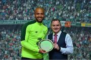 2 June 2019; Republic of Ireland goalkeeper Darren Randolph is presented with the CRISC Men's Senior Player of the Year Award by Garry Dundon from the North Tipperary FAI Supporters Club during the CRISC Player of the Year Awards at Crowne Plaza Hotel in Blanchardstown, Dublin. Photo by Matt Browne/Sportsfile
