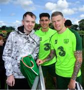 3 June 2019; Dylan Lynch, age 16, from Rathnew, Co Wicklow meets players James McClean, right, and Callum O'Dowda as part of the Share A Dream Foundation during a Republic of Ireland meet and greet at FAI National Training Centre in Abbotstown, Dublin. Photo by David Fitzgerald/Sportsfile