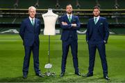 3 June 2019; Republic of Ireland manager Mick McCarthy with Shane Duffy and Matt Doherty, right, at the official launch of the new team suit for 2019 from sponsor Benetti Menswear at the Aviva Stadium in Dublin. Benetti are the official tailor to the FAI. For further information about Benetti log on to www.benetti.ie. Photo by Stephen McCarthy/Sportsfile