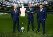 3 June 2019; Republic of Ireland manager Mick McCarthy with Shane Duffy and Matt Doherty, right, at the official launch of the new team suit for 2019 from sponsor Benetti Menswear at the Aviva Stadium in Dublin. Benetti are the official tailor to the FAI. For further information about Benetti log on to www.benetti.ie. Photo by Stephen McCarthy/Sportsfile