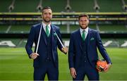 3 June 2019; Republic of Ireland's Shane Duffy, left, and Matt Doherty at the official launch of the new team suit for 2019 from sponsor Benetti Menswear at the Aviva Stadium in Dublin. Benetti are the official tailor to the FAI. For further information about Benetti log on to www.benetti.ie. Photo by Stephen McCarthy/Sportsfile