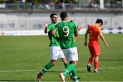 3 June 2019; Adam Idah of Ireland celebrates his second scoring with Zach Elbouzedi of Ireland  during the 2019 Maurice Revello Toulon Tournament match between China and Republic of Ireland at Stade de Lattre de Tassigny in Aubagne, France. Photo by Alexandre Dimou/Sportsfile
