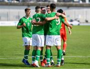 3 June 2019; Team Ireland celebrate their fourth goal during the 2019 Maurice Revello Toulon Tournament match between China and Republic of Ireland at Stade de Lattre de Tassigny in Aubagne, France. Photo by Alexandre Dimou/Sportsfile