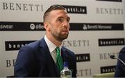 3 June 2019; Republic of Ireland's Shane Duffy during a press conference at the official launch of the new team suit for 2019 from sponsor Benetti Menswear at the Aviva Stadium in Dublin. Benetti are the official tailor to the FAI. For further information about Benetti log on to www.benetti.ie. Photo by Stephen McCarthy/Sportsfile