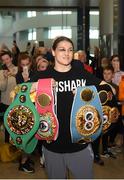 4 June 2019; Katie Taylor arrives back to Dublin Airport following her Undisputed Female World Lightweight Championship bout victory against Delfine Persoon at Madison Square Garden in New York, USA, on Saturday. Pictured is Undisputed World Lightweight Champion Katie Taylor at Dublin Airport in Dublin. Photo by Harry Murphy/Sportsfile