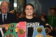 4 June 2019; Katie Taylor arrives back to Dublin Airport following her Undisputed Female World Lightweight Championship bout victory against Delfine Persoon at Madison Square Garden in New York, USA, on Saturday. Pictured is Undisputed World Lightweight Champion Katie Taylor at Dublin Airport in Dublin. Photo by Harry Murphy/Sportsfile