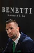 3 June 2019; Republic of Ireland's Shane Duffy during a press conference at the official launch of the new team suit for 2019 from sponsor Benetti Menswear at the Aviva Stadium in Dublin. Benetti are the official tailor to the FAI. For further information about Benetti log on to www.benetti.ie. Photo by Stephen McCarthy/Sportsfile