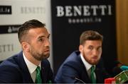 3 June 2019; Republic of Ireland's Shane Duffy during a press conference at the official launch of the new team suit for 2019 from sponsor Benetti Menswear at the Aviva Stadium in Dublin. Benetti are the official tailor to the FAI. For further information about Benetti log on to www.benetti.ie. Photo by Stephen McCarthy/Sportsfile