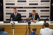 3 June 2019; Republic of Ireland's Matt Doherty, right, and Shane Duffy during a press conference at the official launch of the new team suit for 2019 from sponsor Benetti Menswear at the Aviva Stadium in Dublin. Benetti are the official tailor to the FAI. For further information about Benetti log on to www.benetti.ie. Photo by Stephen McCarthy/Sportsfile