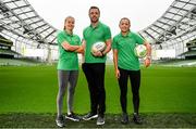 4 June 2019; Aviva Pride supporters, from left, Republic of Ireland international Ruesha Littlejohn, former Ireland international Tommy Bowe, and Republic of Ireland International Katie McCabe in attendance at the launch of Aviva Pride where for the first time in Irish history, Ireland’s largest insurer is lighting up the iconic home of Irish soccer and rugby with the colours of Pride. See www.aviva.ie/pride or follow #SafeToDream on social media to find out more. Photo by Sam Barnes/Sportsfile